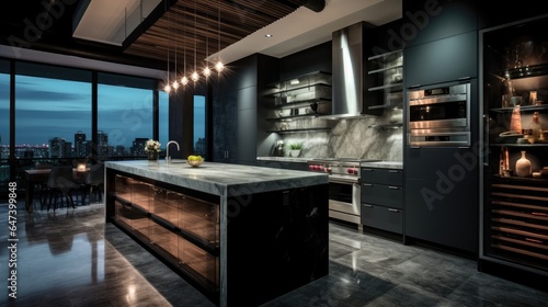 Dark Modern Kitchen in a Luxury home with stainless steel Appliances © MBRAMO