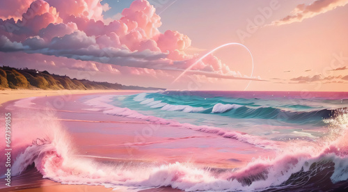 Pink moon, pink sky, soft pink clouds, sparkling, sparkling pink ocean waves, pink roses in the pink ocean, fantasy, diamond, crown, universe, soft lights.