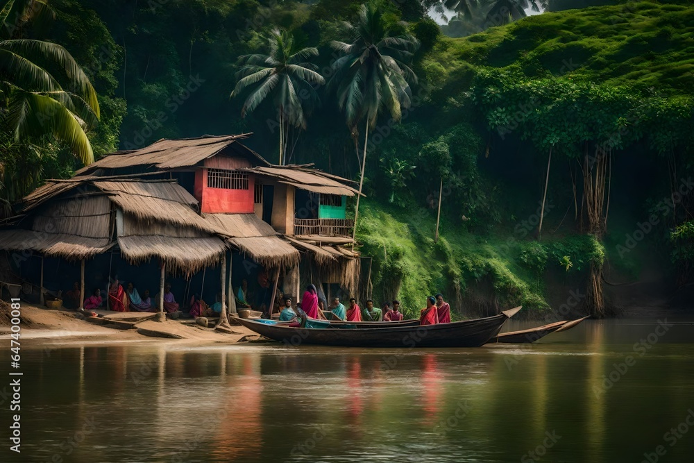 A vibrant Bangladeshi riverbank scene, with a traditional broken house nestled in the lush greenery, with a boat in the river - AI Generative