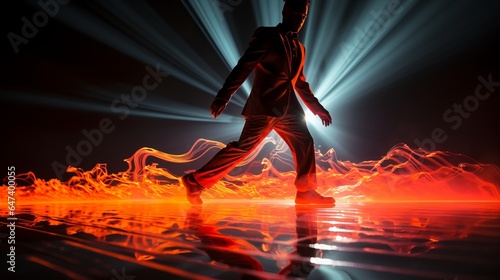 A man dances in hip-hop style surrounded by neon lines. Dance movement, sports style, Bright plain background, banner with copy space © Marynkka_muis