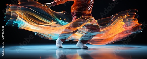 A man dances in hip-hop style surrounded by neon lines. Dance movement, sports style, Bright plain background, banner with copy space
