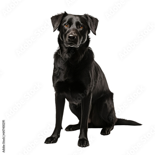 A black dog sitting and making eye contact with the camera