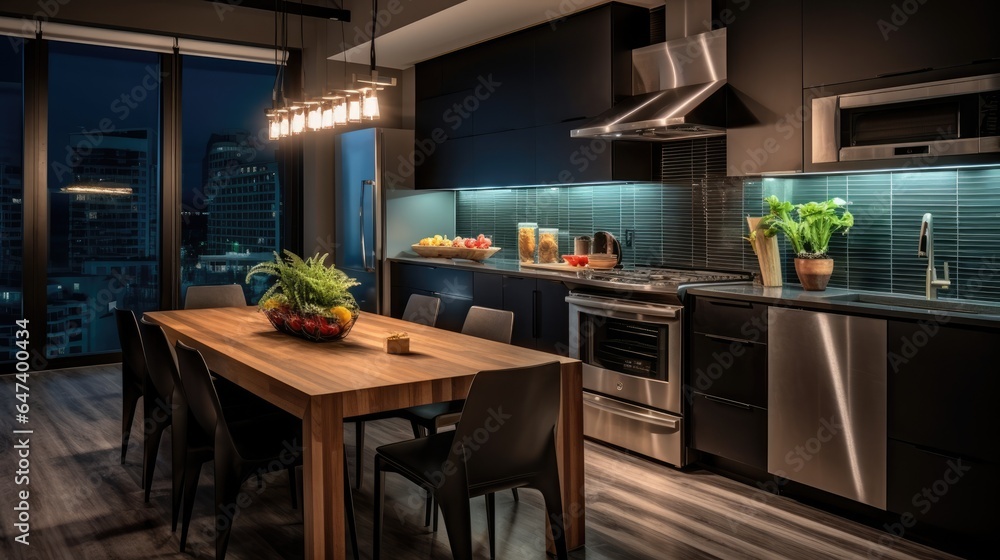 Dark Modern Kitchen in Luxury apartment with stainless steel Appliances Dark Modern Kitchen in Luxury apartment with stainless steel Appliances