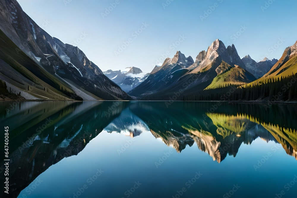 Generate a cinematic, photorealistic image of a remote alpine lake surrounded by towering peaks. The water should appear as clear as crystal, reflecting the pristine beauty of the surrounding landscap