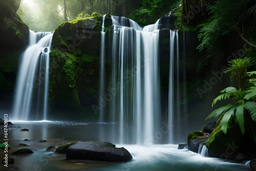 Render a megapixel-quality view of a cascading waterfall hidden deep within a lush rainforest. The water should appear incredibly dynamic, with fine droplets creating an almost cinematic atmosphere. T