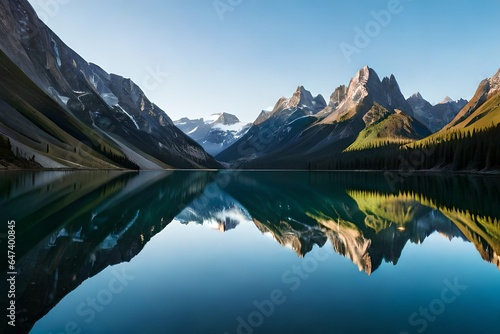Generate a cinematic, photorealistic image of a remote alpine lake surrounded by towering peaks. The water should appear as clear as crystal, reflecting the pristine beauty of the surrounding landscap © dreak