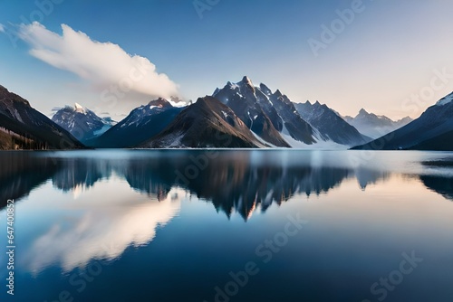Generate a cinematic  photorealistic image of a remote alpine lake surrounded by towering peaks. The water should appear as clear as crystal  reflecting the pristine beauty of the surrounding landscap