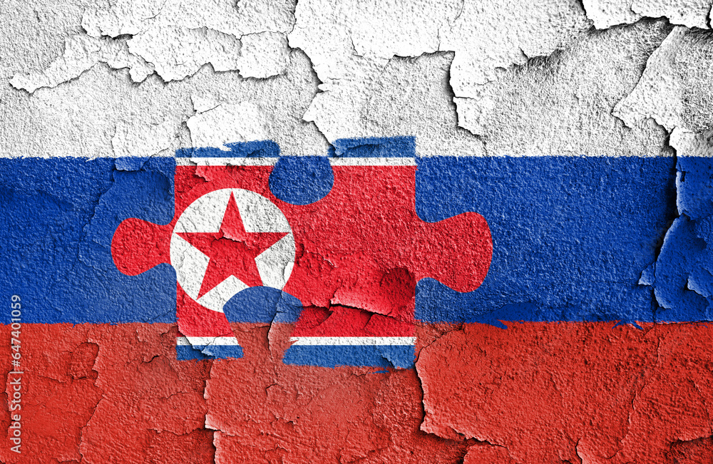 Flag of Russia painted on a wall. Russia and North Korean military collaboration