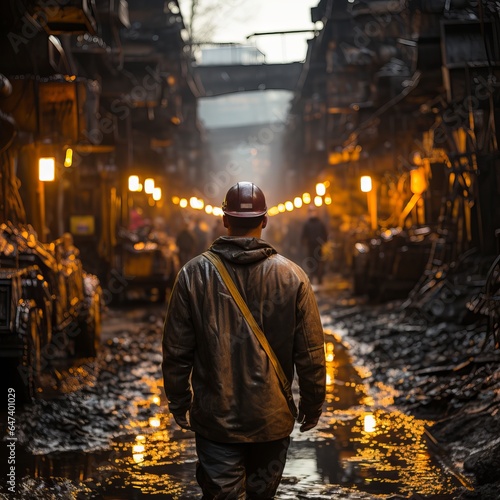 Male miner in a coal mine. Back view, industrial environment, underground mining 