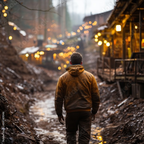 Male miner in a coal mine. Back view, industrial environment, underground mining 