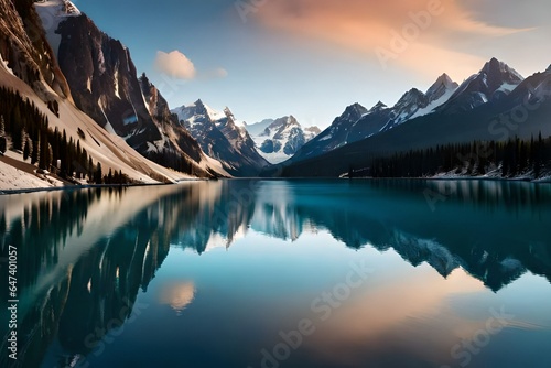 Generate a cinematic, photorealistic image of a remote alpine lake surrounded by towering peaks. The water should appear as clear as crystal, reflecting the pristine beauty of the surrounding landscap
