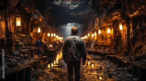 Male miner in a coal mine. Back view, industrial environment, underground mining 