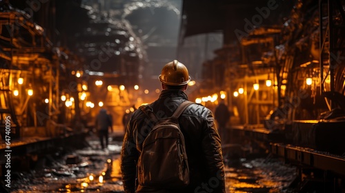 Male miner in a coal mine. Back view, industrial environment, underground mining 