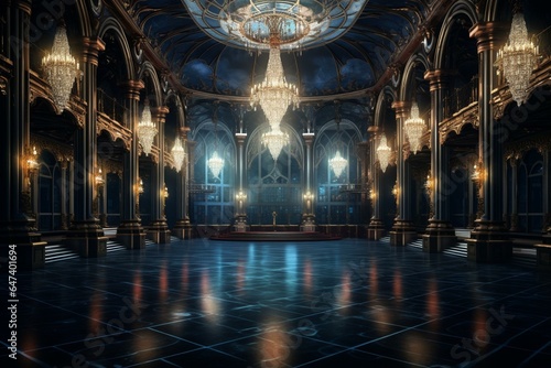 Deserted castle ballroom or palace hall at night. Generative AI