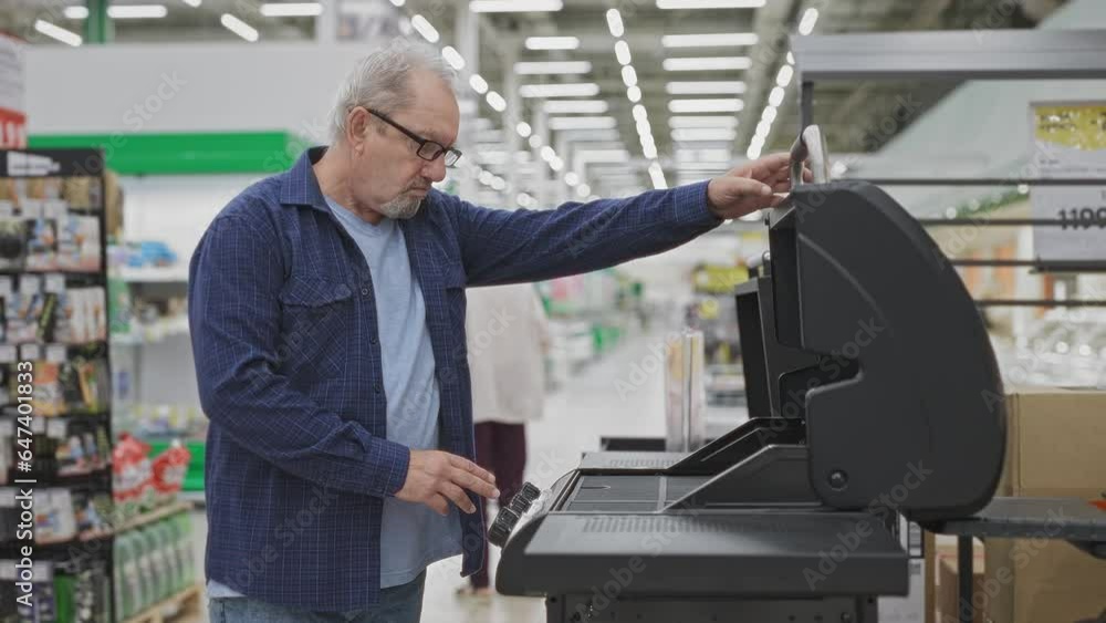 An elderly man in a supermarket chooses an electric barbecue grill. A pensioner in a shop An elderly man in a supermarket chooses an electric barbecue grill. A pensioner in a shop