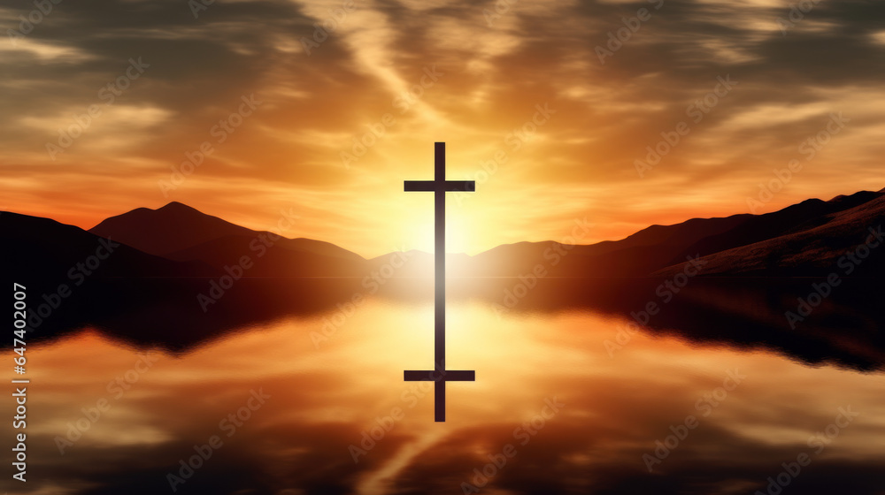 Christian cross on a sunset background with reflection in water. 