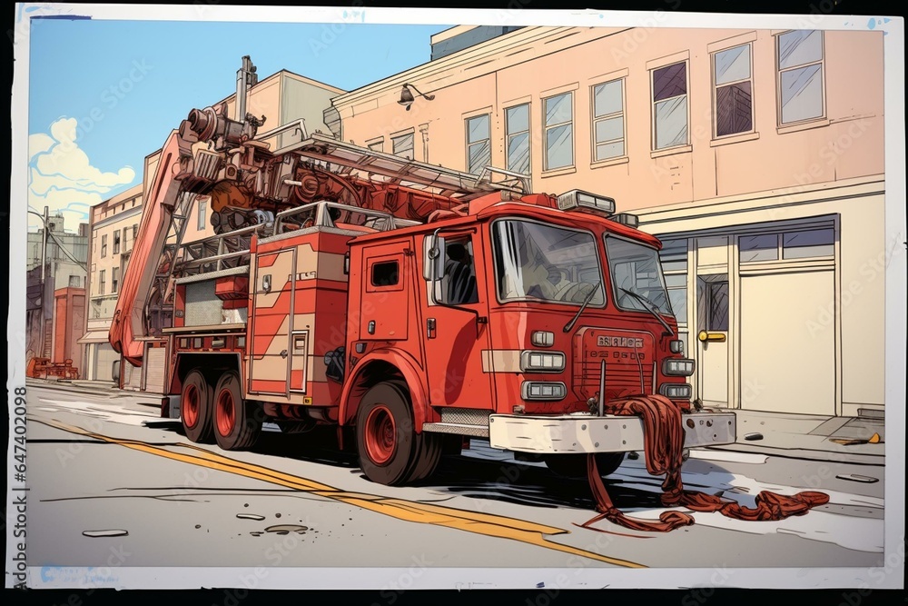 Illustration of a drawing storyboard featuring a fire truck. Generative AI