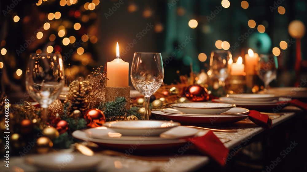 christmas table setting with glasses and candels