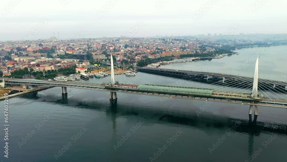 Aerial view of the Halic Metro Bridge (Golden Horn Metro Bridge) from a drone. Istanbul Turkey. Aerial view of the Halic Metro Bridge (Golden Horn Metro Bridge) from a drone. Istanbul Turkey.