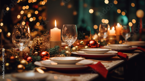 christmas table setting with glasses and candels