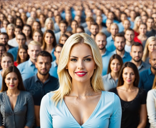 blonde woman standing out from large crowd of people