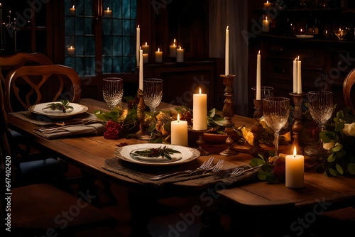 an exquisitely detailed still-life photograph of a weathered oak dining table set for an intimate candlelit dinner for two - AI Generative