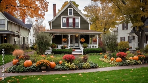 A suburban American house in fall AI generative photo