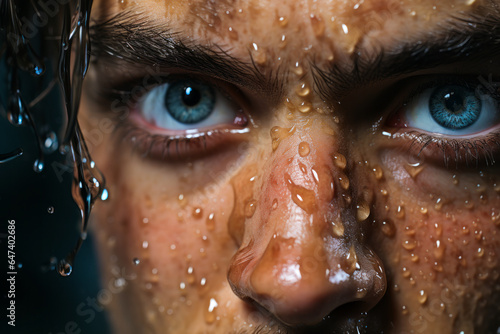 Close-up portrait of a determined athlete, with droplets of sweat, blue eyes and an expression of courage. Perfect for conveying determination and resilience. photo