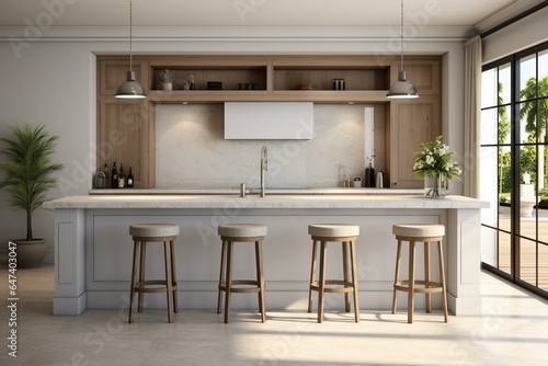 Kitchen with bar seats, countertop & mockup frame. Generative AI