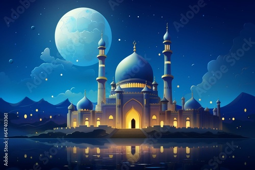 Festive cartoon mosque illustration celebrating Islamic traditions of Ramadan and Eid al Fitr. Generative AI