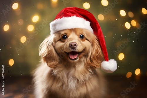 adorable festive dog wearing a holiday hat. Generative AI
