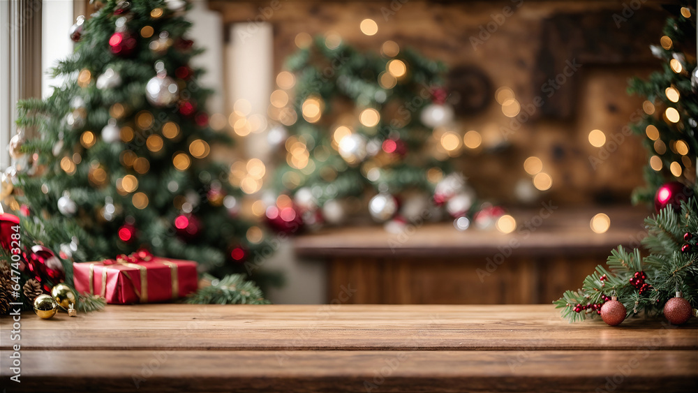 The wooden countertop from the front perspective, the central space of the picture is used for ready to mockup, the background is an out-of-focus Christmas setup & decoration,