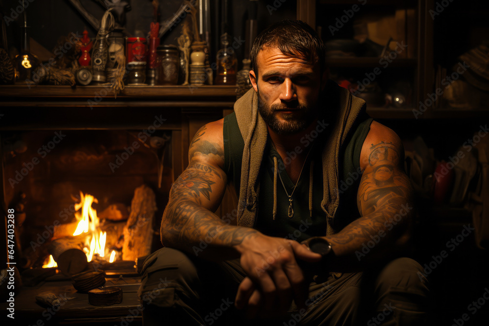 Cozy winter scene with rugged, athletic man showcasing sculpted abs by a warm fireplace, solitude evoking strength and intellectualism through relaxation with a book. Cozy winter scene with rugged, athletic man showcasing sculpted abs by a warm fireplace, solitude evoking strength and intellectualism through relaxation with a book.