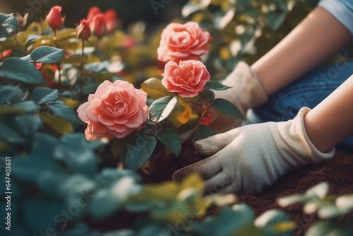Female gardener working in the garden. Close-up of female hands in gloves planting rose bush.