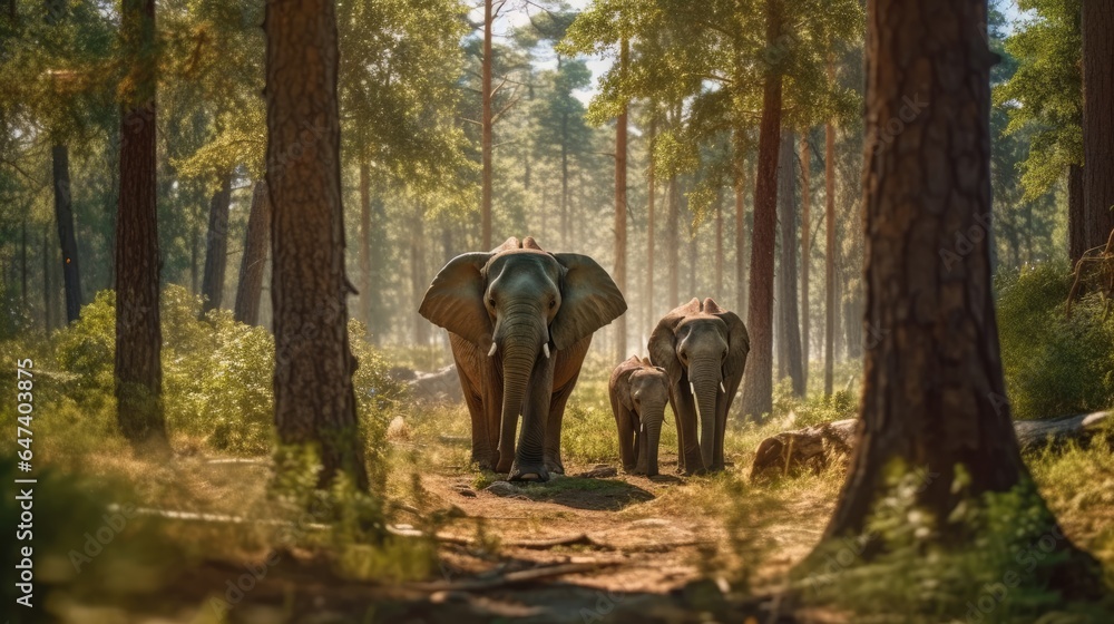 Fototapeta premium elephants walking with their calf on a forest plain