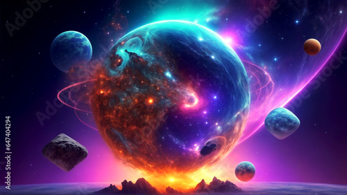 Abstract fantasy illustration of vibrant planet-like object with huge energy reactions and some asteroids rotating around that releasing huge amounts of energy and radiation effects to the universe. 