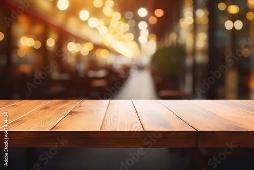Empty wooden table space platform and blurry defocused room