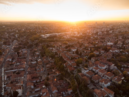 Drone view of sunset above Zemum district, Belgrade, Serbia, Europe. 4K