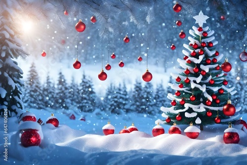 Beautiful Festive Christmas snowy background with holiday lights. Christmas tree decorated with red balls and knitted toys in forest in snowdrifts in snowfall on nature outdoors, panoramа