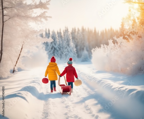 Two little kids have fun in the beautiful winter nature with snow-covered trees.