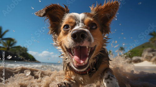 Photographie d'un chien qui court en vacances sur la plage et qui s'amuse en plein soleil © Yoan