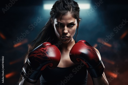 Boxing gloves and portrait of woman.