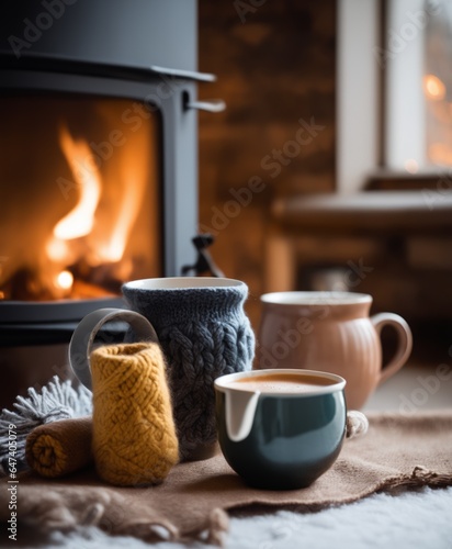 Two mugs for tea or coffee  woolen things near cozy fireplace  in country house  winter vacation  