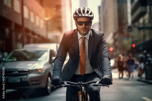 businessman wearing helmet biking with bicycle on road photo