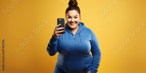 Happy young ginger chubby overweight woman holding mobile cell phone on plain yellow background studio portrait, generative ai