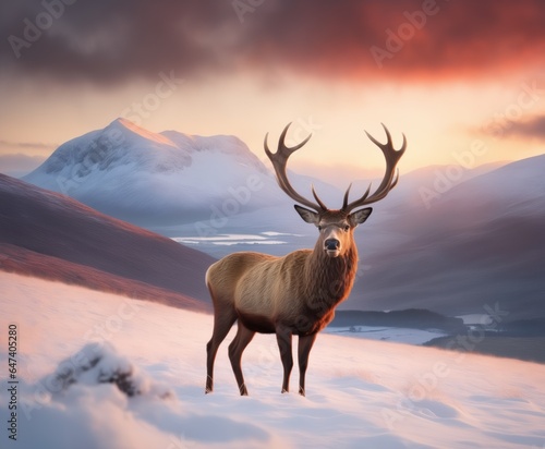 red deer stag in Beautiful Alpen Glow hitting mountain peaks in Scottish Highlands during stunning Winter landscape sunrise