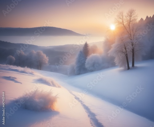 Winter sunrise on beauty snow landscape © Universeal