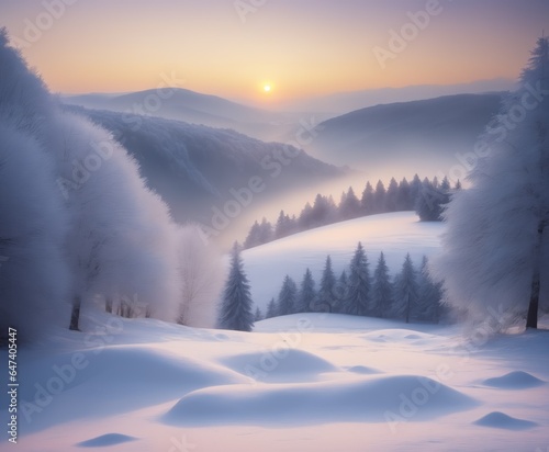 Winter sunrise on beauty snow landscape