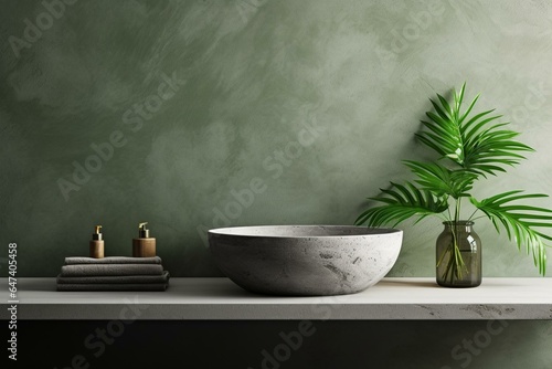 Modern cement wash basin in a green bathroom with leafy plants and empty area for showcasing products. Generative AI