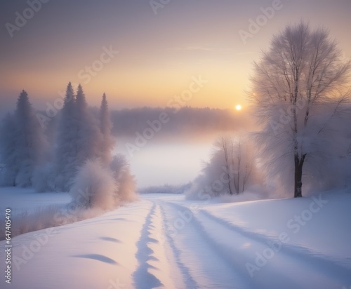Winter sunrise on beauty snow landscape © Universeal